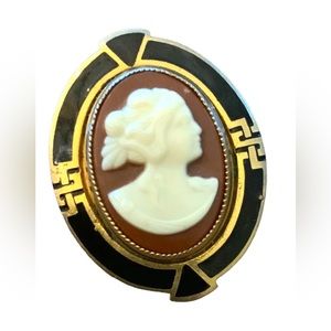 Stunning Antique Gold finish enameled Resin Cameo Art deco design brooch LG